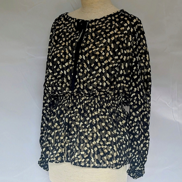 Theory Blouse Top Silk Blend Tie Neckline Gathered Waist Long Sleeve Black L NWT - Picture 11 of 14